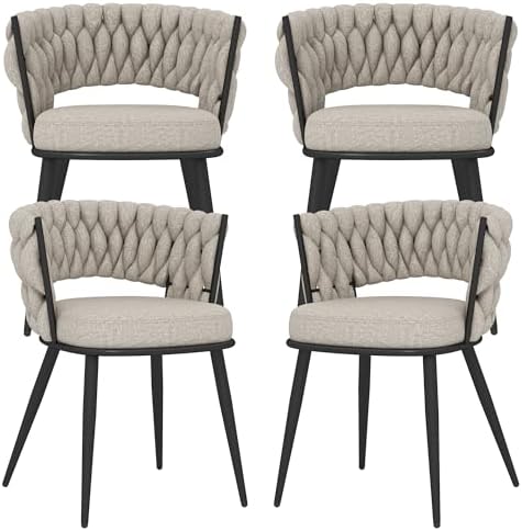 Fabric Dining Chairs Set of 4, Woven Chairs with Metal Legs, Beige in Beige