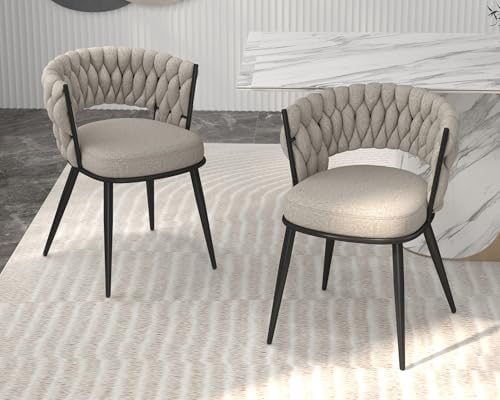 Fabric Dining Chairs Set of 4, Woven Chairs with Metal Legs, Beige in Beige, alternate view 2
