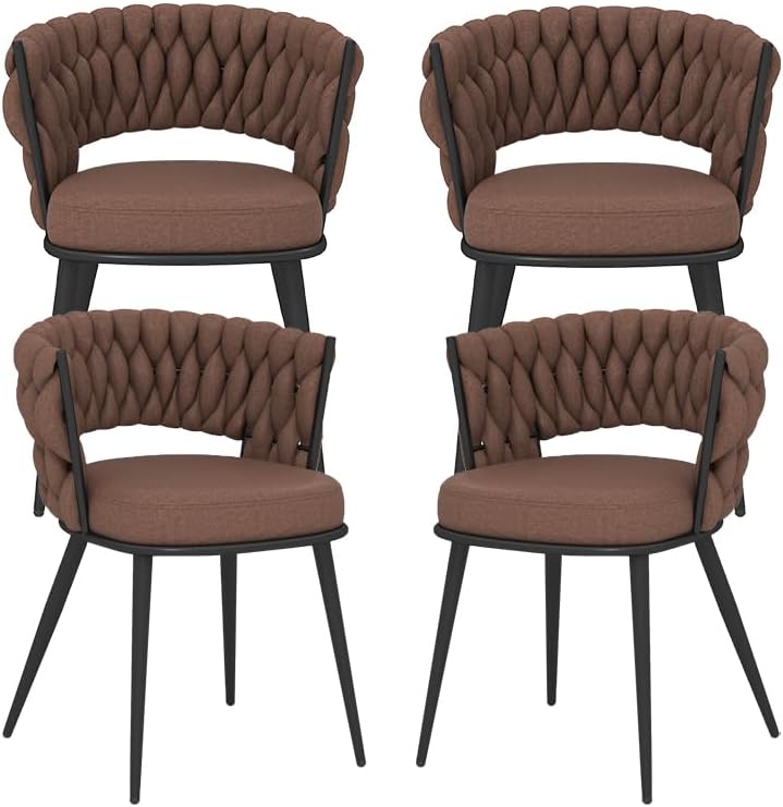 Fabric Dining Chairs Set of 4, Woven Chairs with Metal Legs, Brown in Brown