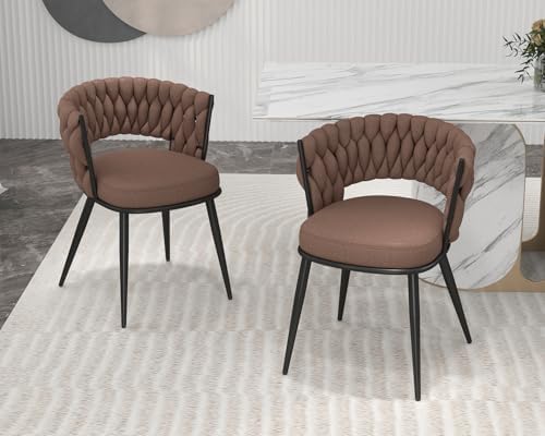 Fabric Dining Chairs Set of 4, Woven Chairs with Metal Legs, Brown in Brown, alternate view 2