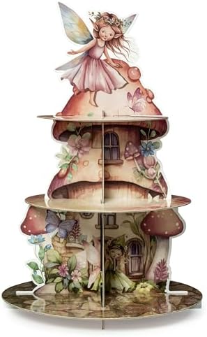 Fairy Birthday Cupcake Stand - 3 Tiered Baby Shower Decorations in Pink Fairy