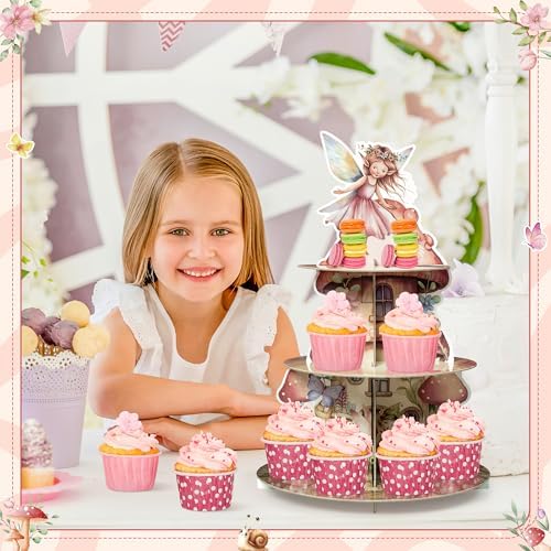 Fairy Birthday Cupcake Stand - 3 Tiered Baby Shower Decorations in Pink Fairy, alternate view 6