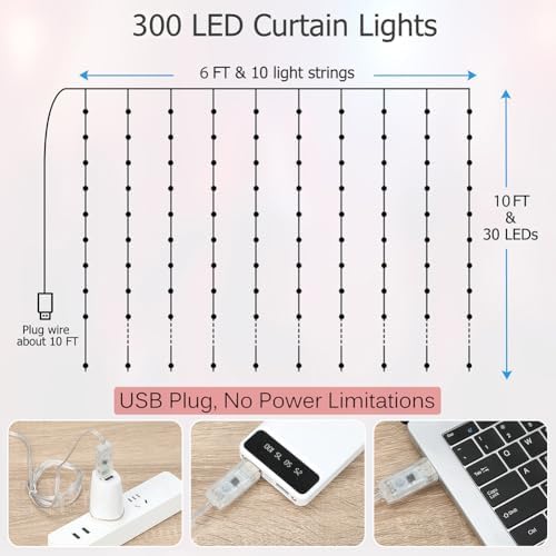 Fairy Curtain Lights 10ft x 10ft, 300 LED Twinkle String Lights, alternate view 6