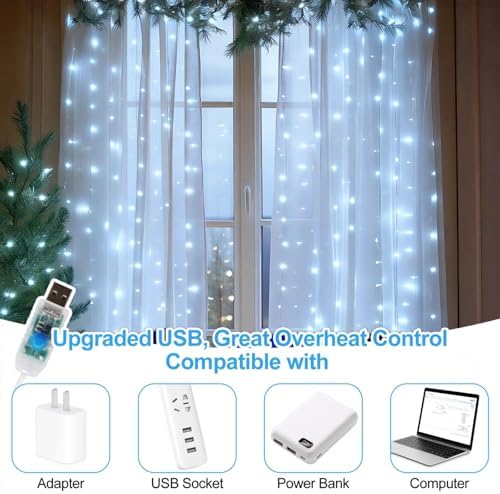 Fairy Curtain Lights Upgraded Tangle-Free Cool White USB Plug in 8 Modes String Hanging Lights with Remote for, alternate