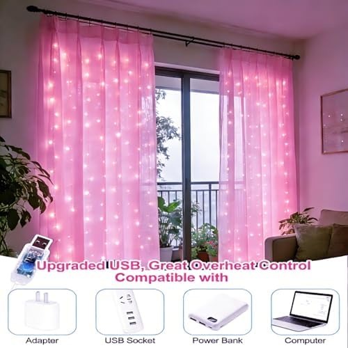 Fairy Curtain Lights Upgraded Tangle-Free Pink USB Plug in 8 Modes String Hanging Lights with Remote for, alternate view 4