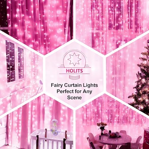 Fairy Curtain Lights Upgraded Tangle-Free Pink USB Plug in 8 Modes String Hanging Lights with Remote for, alternate view 6