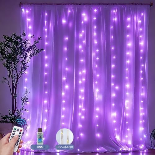 Fairy Curtain Lights Upgraded Tangle-Free Purple USB Plug in 8 Modes String Hanging Lights with Remote for