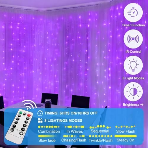 Fairy Curtain Lights Upgraded Tangle-Free Purple USB Plug in 8 Modes String Hanging Lights with Remote for, alternate view 4