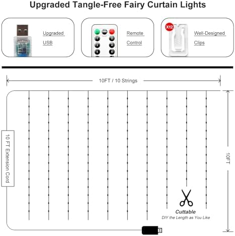 Fairy Curtain Lights Upgraded Tangle-Free Warm White USB Plug in 8 Modes String Hanging Lights with Remote for, alternate