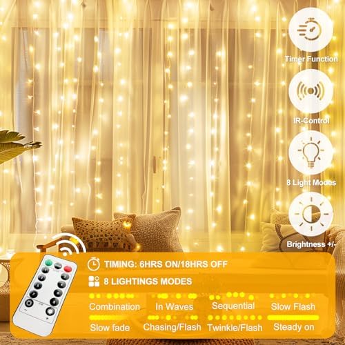 Fairy Curtain Lights Upgraded Tangle-Free Warm White USB Plug in 8 Modes String Hanging Lights with Remote for, alternate