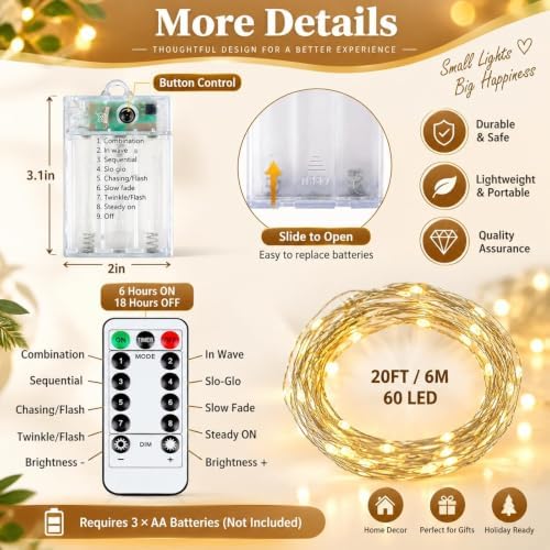 Fairy Lights Battery Operated with Remote, 4Pack 80FT 240LED Warm White in Warm White, alternate view 6