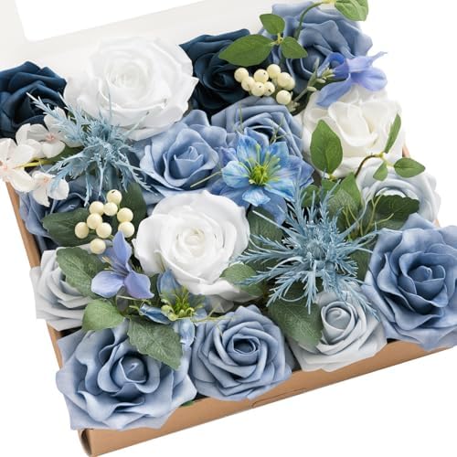 Fake Flowers Box, Dusty Blue & Ivory & Sage Grand Combo in Blu-dusty Blue & Ivory & Sage