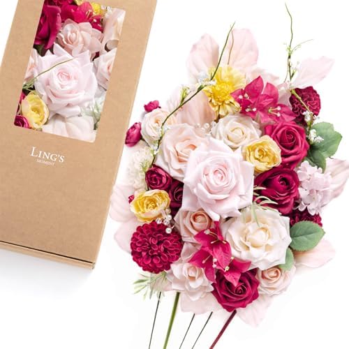 Fake Flowers Box, Faux Artificial Greenery Stems Foam Dahlia Gardenia Roses Silk Hydrangea Ranunculus Fabic