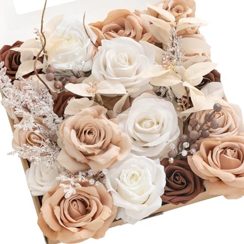 Fake Flowers Box, Faux Artificial Greenery Stems Foam Roses Berry Silk Leaves Fabic Flower for Centerpieces