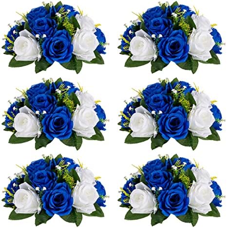 Fake Flowers for Wedding Centerpiece, Kissing Ball, Navy Blue, 6Pcs in White/Gold/Grey