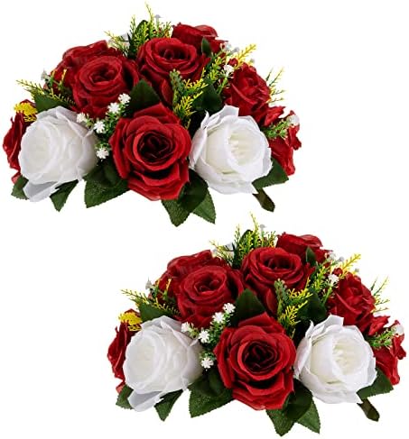 Fake Flowers for Wedding Centerpiece, Silk Kissing Ball, Red, 2Pcs in White/Gold/Grey