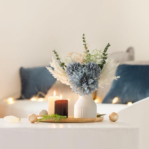 Fake Flowers in Ceramic Vase, 12.5" Coffee Table Centerpieces, Blue in Blue, alternate view 2