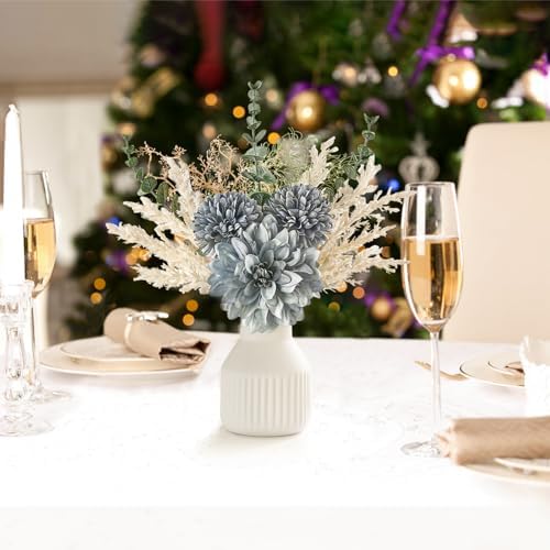 Fake Flowers in Ceramic Vase, 12.5" Coffee Table Centerpieces, Blue in Blue, alternate view 4