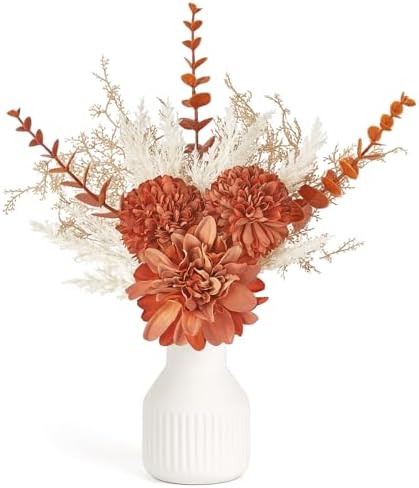 Fake Flowers in Ceramic Vase, 12.5" Coffee Table Centerpieces in Fall Color