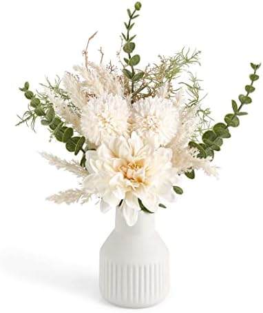 Fake Flowers in Ceramic Vase, 12.5" Coffee Table Centerpieces, White in White