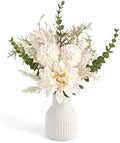 Fake Flowers in Ceramic Vase, 12.5" Coffee Table Centerpieces, White in White