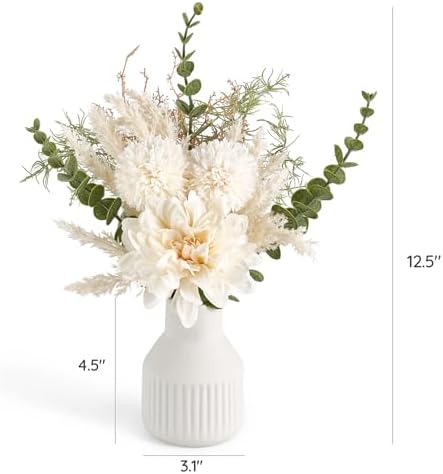 Fake Flowers in Ceramic Vase, 12.5" Coffee Table Centerpieces, White in White, alternate view 3