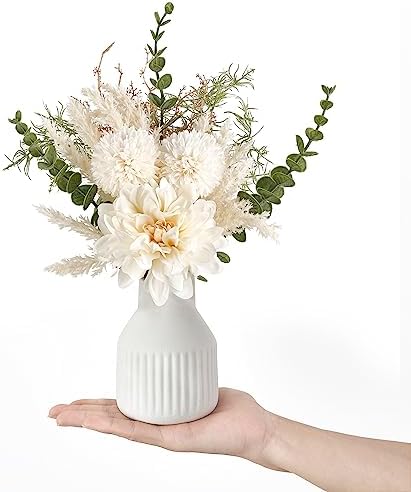 Fake Flowers in Ceramic Vase, 12.5" Coffee Table Centerpieces, White in White, alternate view 6