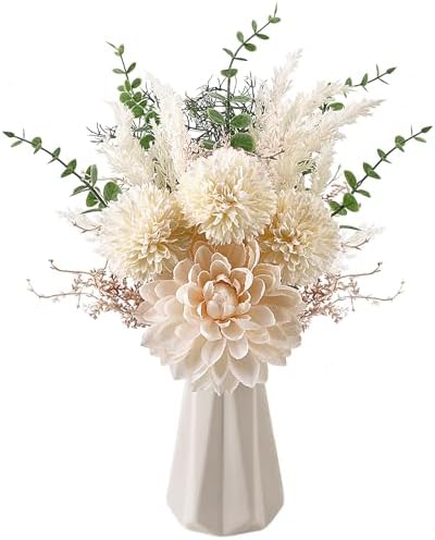Fake Flowers in Ceramic Vase, Artificial Flowers with Ceramic Vase Faux Silk Floral Arrangement Table