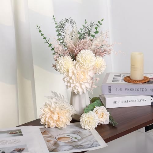 Fake Flowers in Ceramic Vase, Artificial Flowers with Ceramic Vase Faux Silk Floral Arrangement Table, alternate view 5