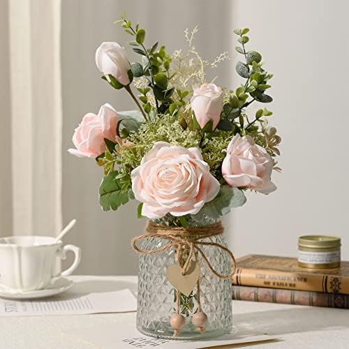 Fake Flowers with Vase, Artificial Flowers Silk Roses Flower Bouquet in Vase, Faux Flower Arrangements