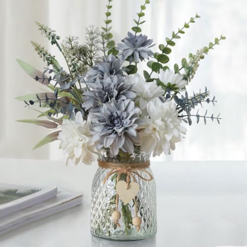 Fake Flowers with Vase, Silk Dahlia Flowers, Artificial Flowers in Vase, Centerpiece Table Decorations, Flower
