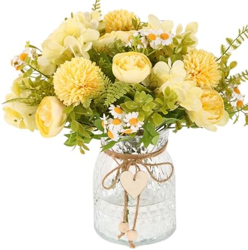Fake Flowers with Vase Yellow Artificial Peony in Glass Vase in Yellow