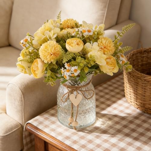 Fake Flowers with Vase Yellow Artificial Peony in Glass Vase in Yellow, alternate view 5