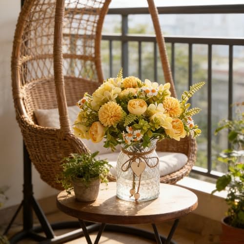 Fake Flowers with Vase Yellow Artificial Peony in Glass Vase in Yellow, alternate view 6