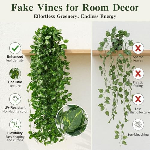 Fake Ivy Vines for Room Decor 12pcs Fake Ivy Greenery Garland Wall Decor (Pothos), alternate view 5