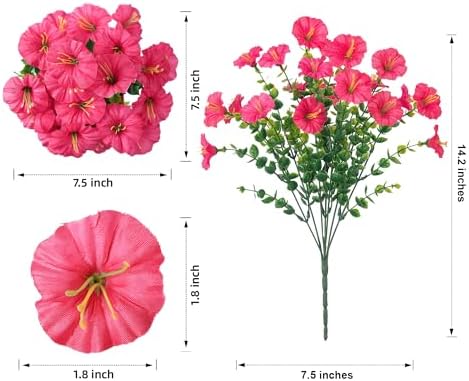 Fake Plants Artificial Flowers for Outdoor Outside Decor, 12 Bundles Faux Flowers Silk Hot Pink Morning Glory, alternate view