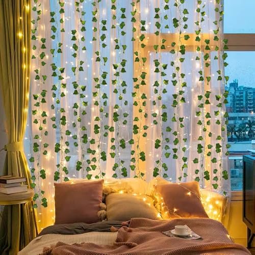 Fake Wall Curtain Ivy Vines with String Lights for Room Decor 98Ft, alternate view 2