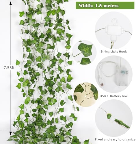Fake Wall Curtain Ivy Vines with String Lights for Room Decor 98Ft, alternate view 3