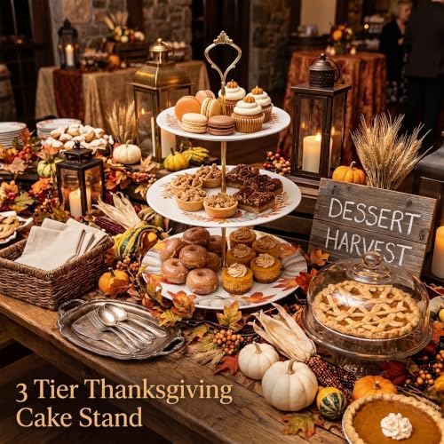 Fall 3 Tier Dessert Stand Ceramic Serving Tray for Thanksgiving in Orange, alternate view 3