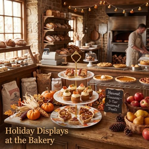 Fall 3 Tier Dessert Stand Ceramic Serving Tray for Thanksgiving in Orange, alternate view 5