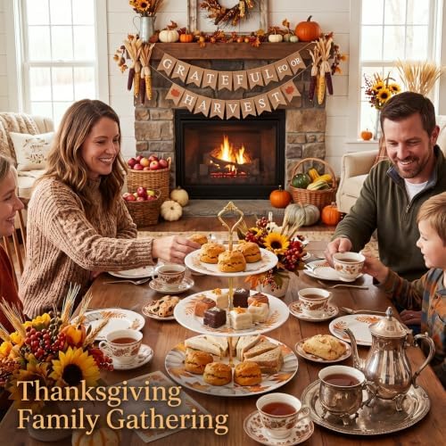 Fall 3 Tier Dessert Stand Ceramic Serving Tray for Thanksgiving in Orange, alternate view 6