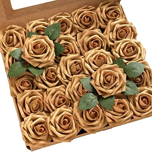 Fall Artificial Flowers 25Pcs Shimmer Gold Roses w/Stems in Gld- Gold