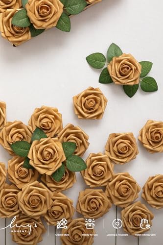 Fall Artificial Flowers 25Pcs Shimmer Gold Roses w/Stems in Gld- Gold, alternate view 6