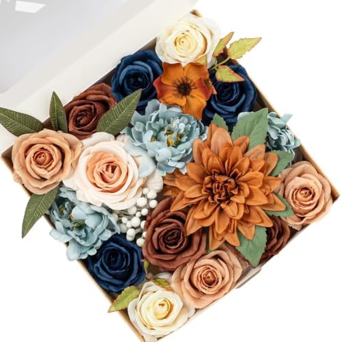 Fall Artificial Flowers DIY Bouquet Combo Faux Rose for Home Decor in Retro Blue Brown