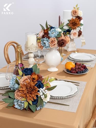 Fall Artificial Flowers DIY Bouquet Combo Faux Rose for Home Decor in Retro Blue Brown, alternate view 2