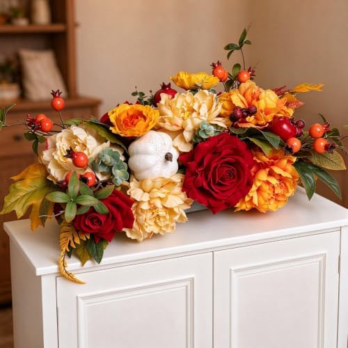 Fall Centerpiece for Table, Handmade Realistic Silk Floral Arrangement with Peonies, Roses, Berries & Foam