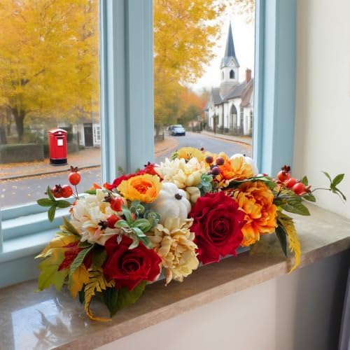 Fall Centerpiece for Table, Handmade Realistic Silk Floral Arrangement with Peonies, Roses, Berries & Foam, alternate view 5