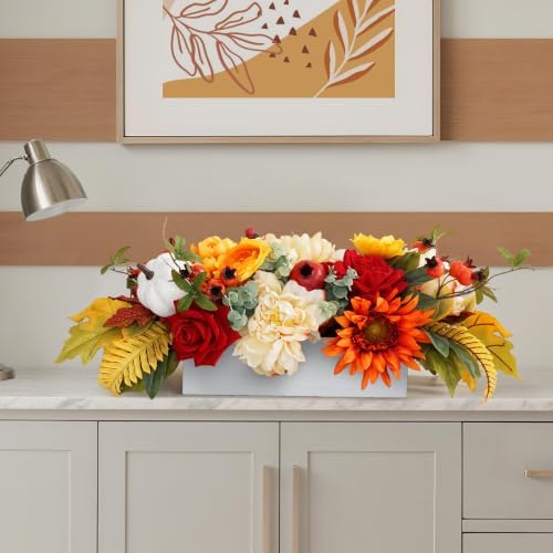 Fall Centerpiece for Table, Handmade Realistic Silk Floral Arrangement with Peonies, Roses, Berries & Foam, alternate view 6