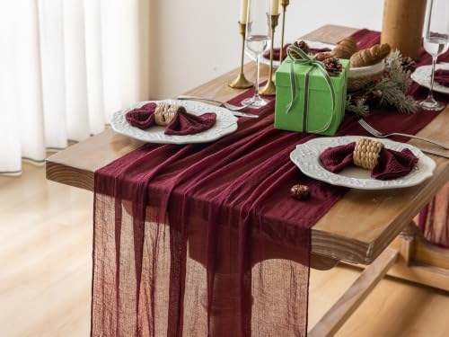 Fall Christmas Decorations Burgundy Cheesecloth Table Runner 120 Inches, alternate view 2