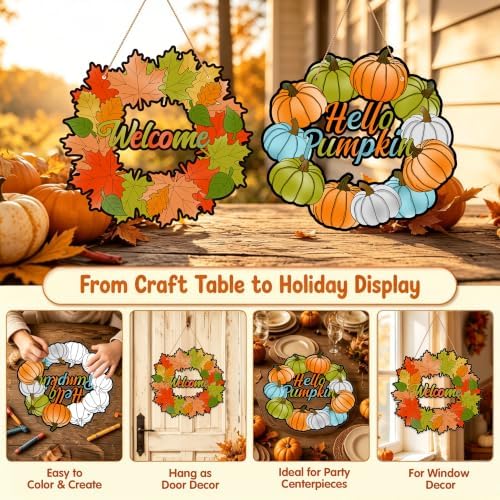 Fall Coloring Wreath Crafts Thanksgiving Activities for Kids 24PCS, alternate view 3